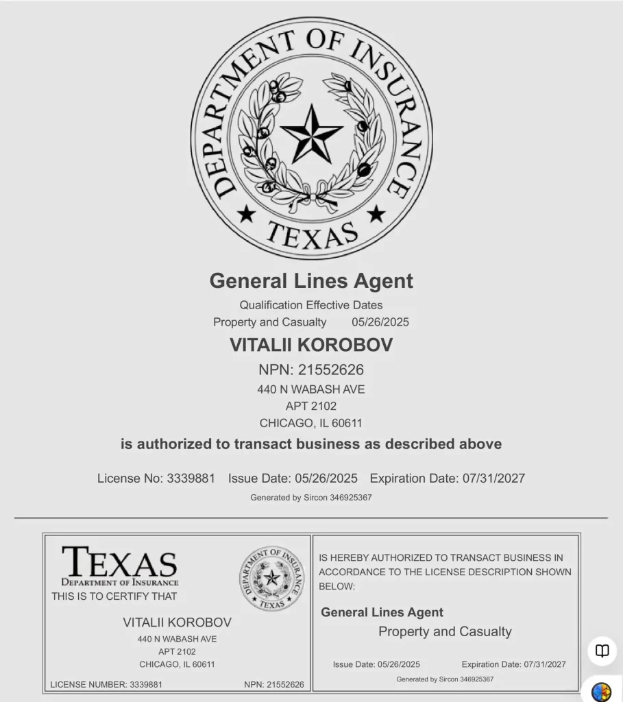 TEXAS-VITALII-KOROBOV-LLM-INSURENCE-LICENSE